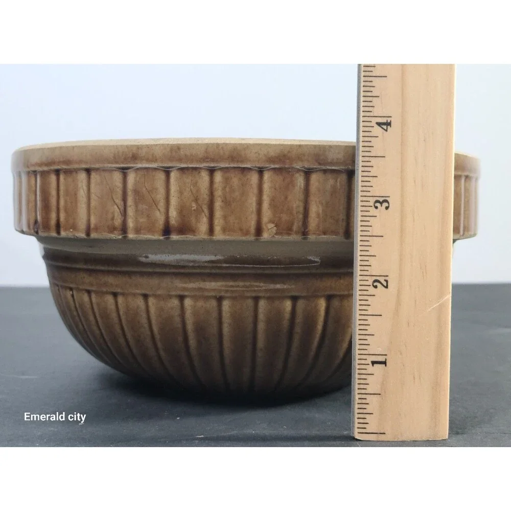 Vtg 8” Monmouth Western Ware Beehive Ribbed Bowl Tan Stoneware Crock Pottery USA